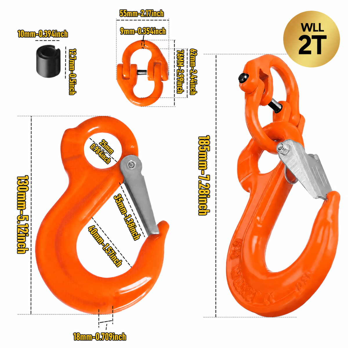 2T Sling Hook & Hammerlock Kit, 2 Sets Heavy Duty Trailer Safety Chain Hooks for Caravan, Camper & Boat Trailers-Orange