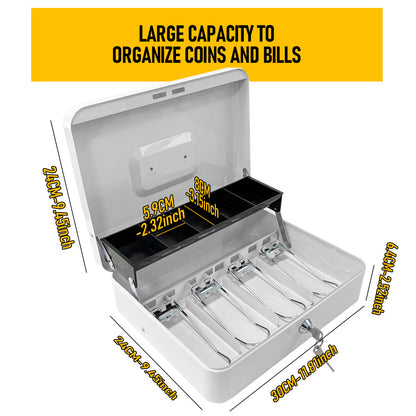 Metal Cash Box with Security Lock & 2 Keys - 4 Bill/5 Coin Tray Storage, Large Lockable Money Box for Small Business/Home