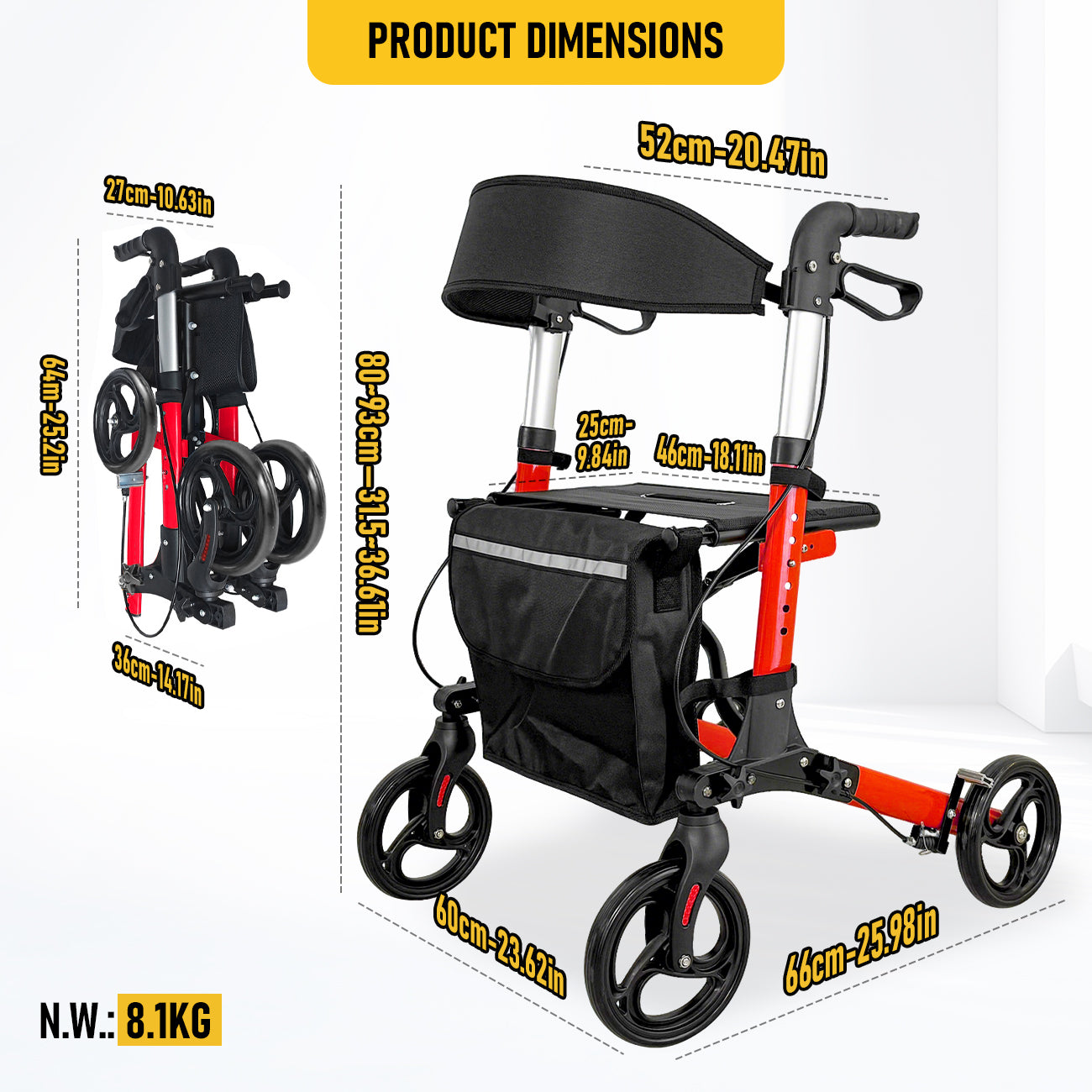 Aluminium Rollator Walker with Seat & Storage Bag | Foldable 4-Wheel Mobility Aid for Elderly | Red