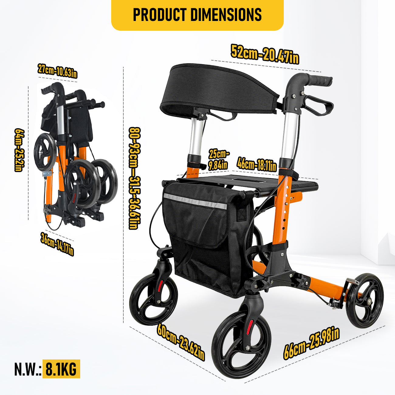 Aluminium Rollator Walker for Elderly with Seat & Reflective Strip, 4 Wheel Foldable Mobility Hight Adjustable with Storage Bag and Brakes Mobility Scooter
