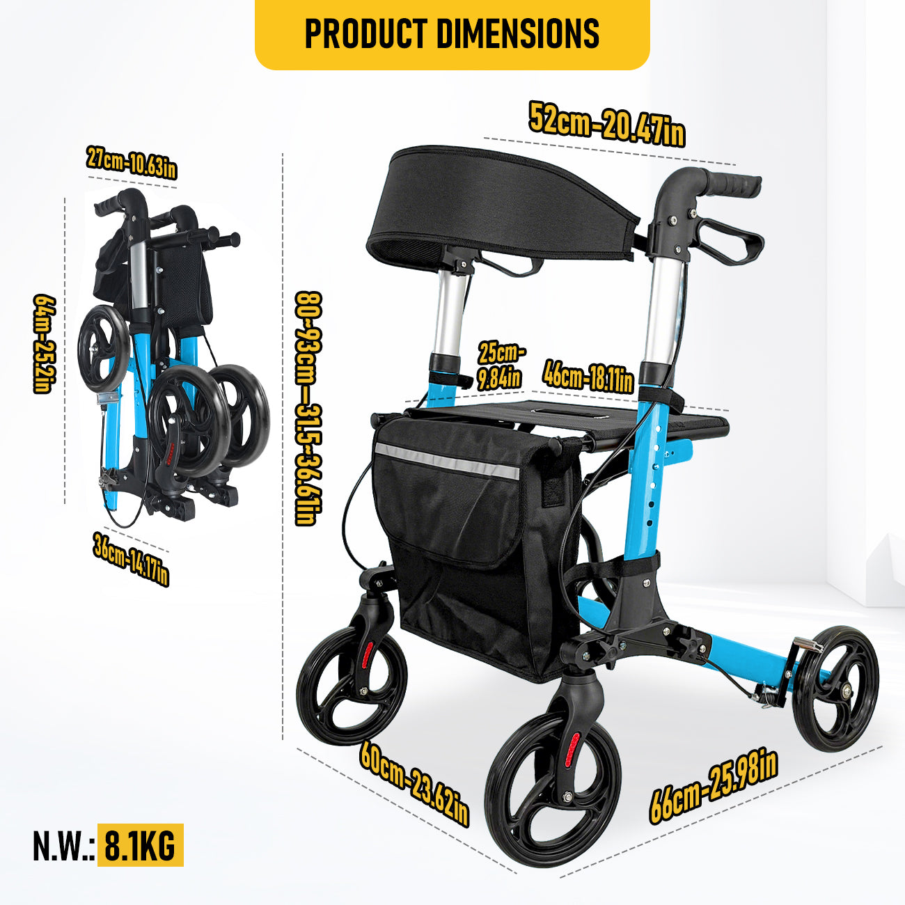 Aluminium Rollator Walker for Elderly with Seat & Reflective Strip, 4 Wheel Foldable Mobility Hight Adjustable with Storage Bag and Brakes Mobility Scooter