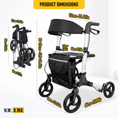 Aluminium Rollator Walker with Seat & Storage Bag | Foldable 4-Wheel Mobility Aid for Elderly | White