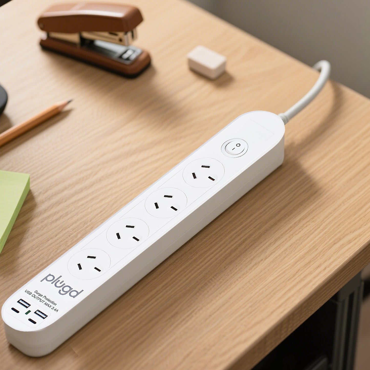 Plugd 2 USB A + 2 USB C 240V 10A Powerboard with Surge Protection