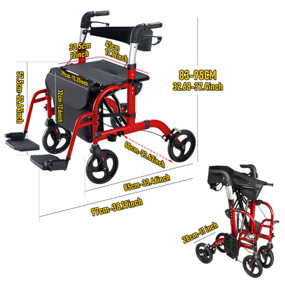 2-in-1 Rollator Walker with Seat & Transport Chair for Seniors, Lightweight Foldable Aluminum Mobility Walker, Adjustable Handles, 8" All-Terrain Wheels, Removable Storage Bag, 300 lb Capacity