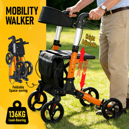Aluminium Rollator Walker for Elderly with Seat & Reflective Strip, 4 Wheel Foldable Mobility Hight Adjustable with Storage Bag and Brakes Mobility Scooter