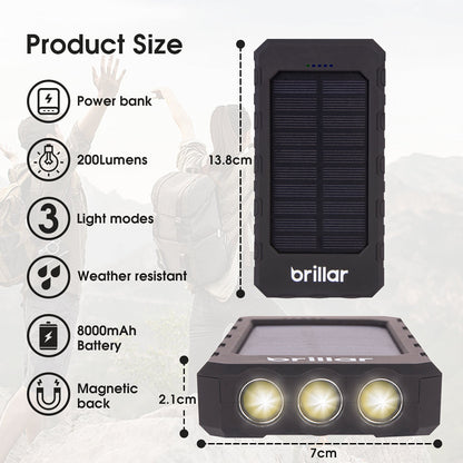 Brillar 8000mAh Solar USB Power Bank 200 Lumens LED Torch