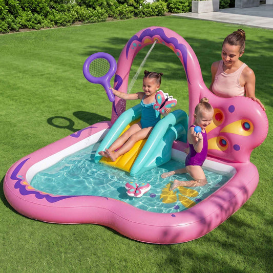 Inflatable Kids Butterfly Play Pool with Slide & Water Sprayer–Pink