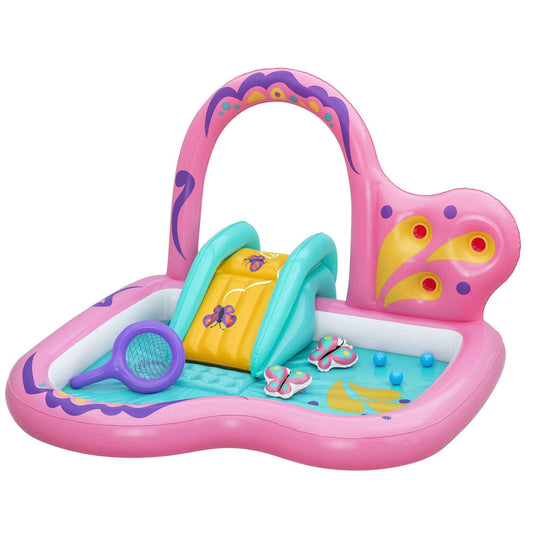 Inflatable Kids Butterfly Play Pool with Slide & Water Sprayer–Pink