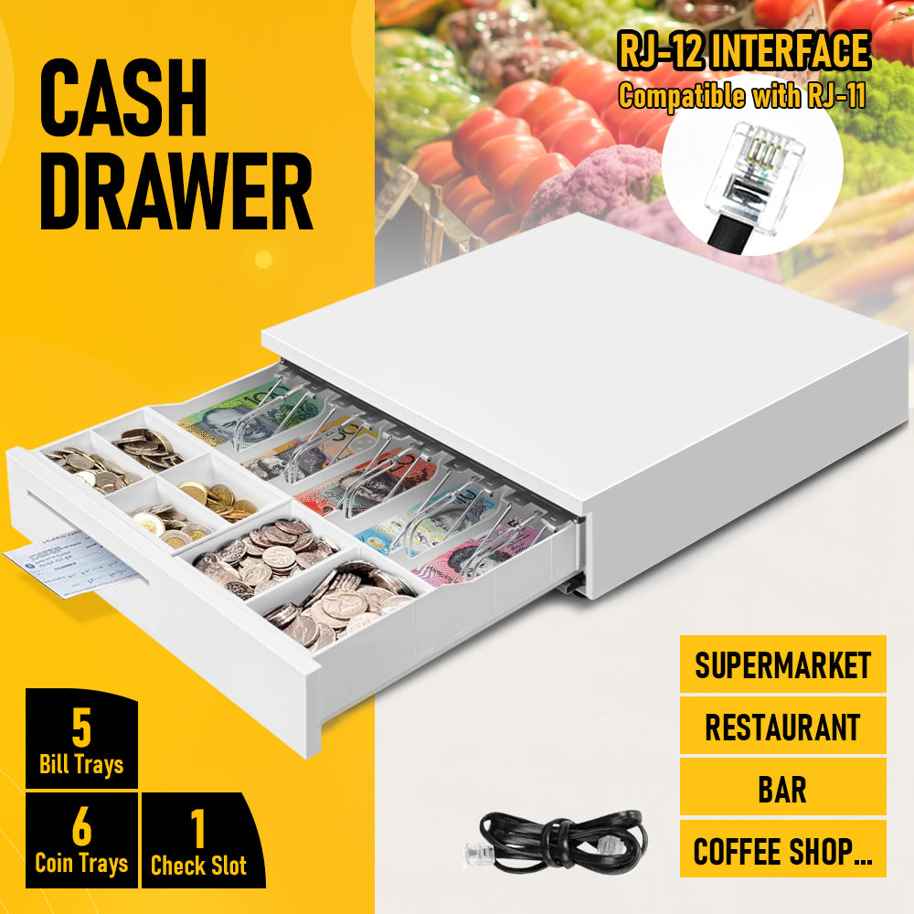 Heavy-Duty All-Metal Cash Drawer | 6 Coin Trays & 5 Note Trays | RJ-12 Interface | For Retail, Restaurant, Bar & Café