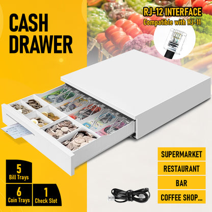 Heavy-Duty All-Metal Cash Drawer | 6 Coin Trays & 5 Note Trays | RJ-12 Interface | For Retail, Restaurant, Bar & Café
