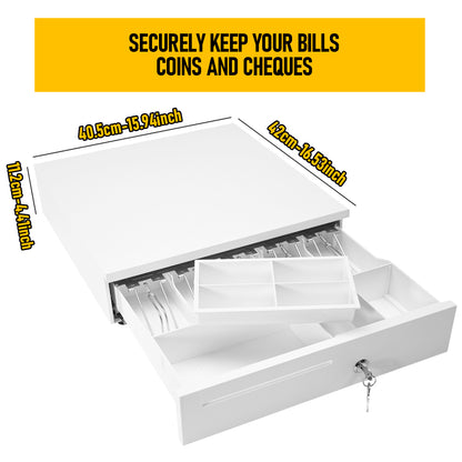 Heavy-Duty All-Metal Cash Drawer | 6 Coin Trays & 5 Note Trays | RJ-12 Interface | For Retail, Restaurant, Bar & Café