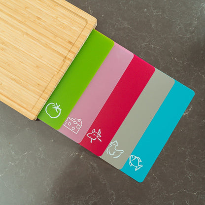 Bamboo Chopping Board with 5 Pcs Color-Coded Flexible Cutting Mats