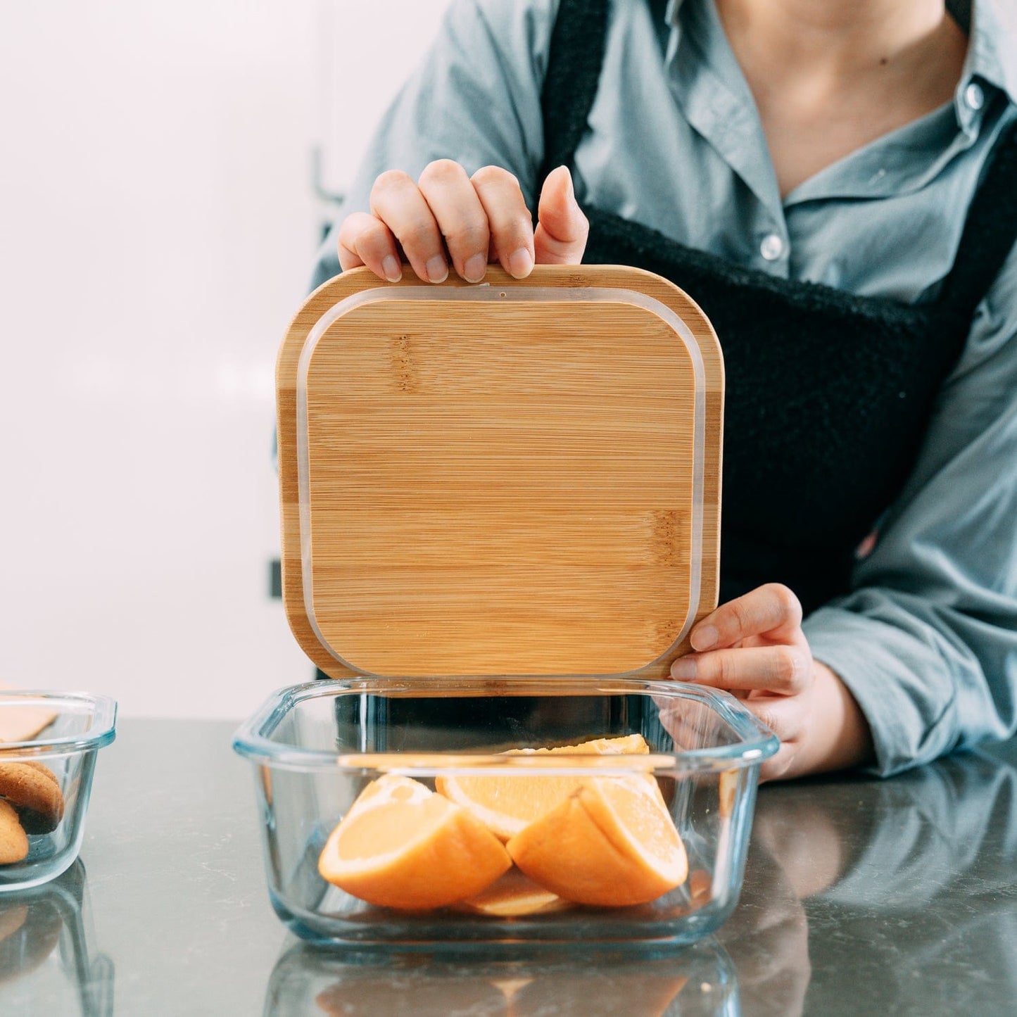 6 Pcs Large Bamboo Food Containers – Clear Glass with Bamboo Lids