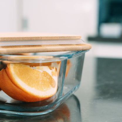 2 Pcs Bamboo‑Cover Food Containers – Medium  & Large, Clear Glass, Plastic‑Free