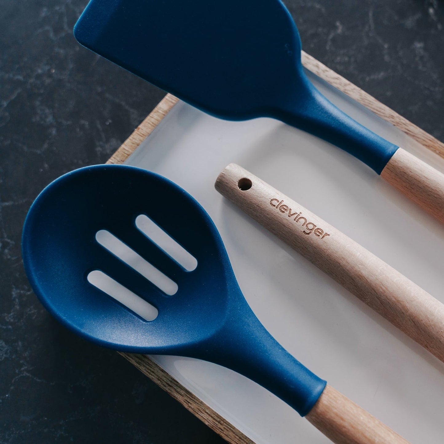 Beechwood & silicone slotted spoon navy