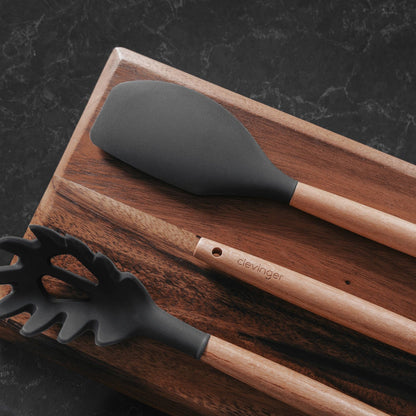 4 Pcs Beechwood & Silicone Kitchen Serving Utensils Set - Ladle/Pasta Server/Tongs/Slotted Spoon - Charcoal