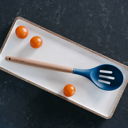 Beechwood & silicone slotted spoon navy