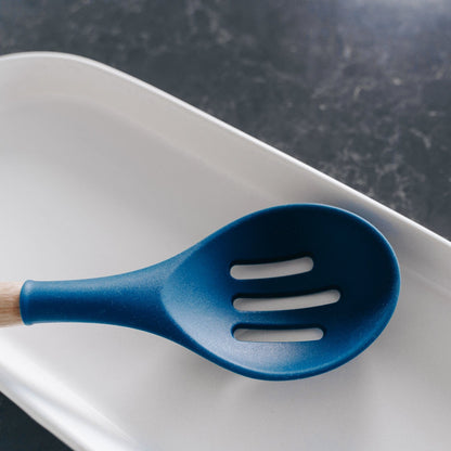 Beechwood & silicone slotted spoon navy
