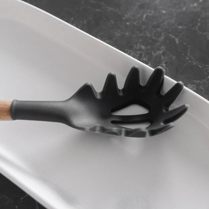 4 Pcs Beechwood & Silicone Kitchen Serving Utensils Set - Ladle/Pasta Server/Tongs/Slotted Spoon - Charcoal