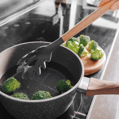 4 Pcs Beechwood & Silicone Kitchen Serving Utensils Set - Ladle/Pasta Server/Tongs/Slotted Spoon - Charcoal