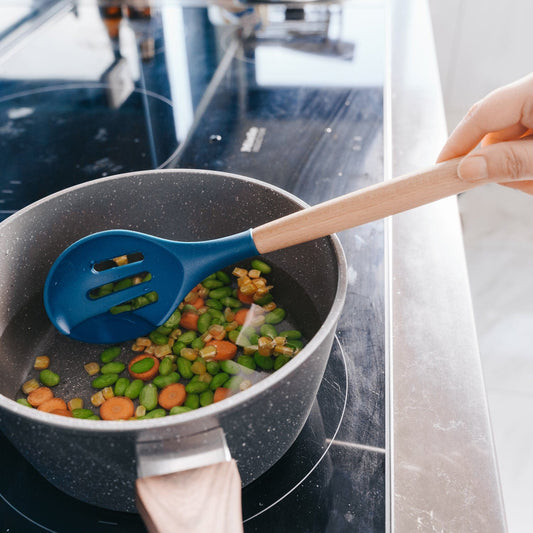 Beechwood & silicone slotted spoon navy