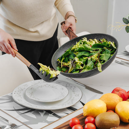 4 Pcs Beechwood & Silicone Kitchen Serving Utensils Set - Ladle/Pasta Server/Tongs/Slotted Spoon - Charcoal