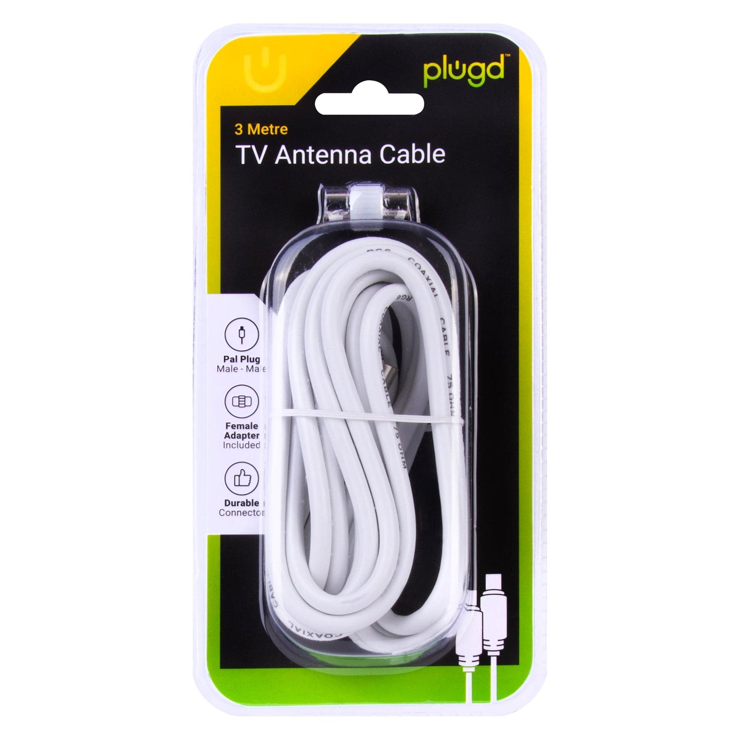 PLUGD 3 Meter PAL to PAL TV Antenna Cable With Female Adaptor