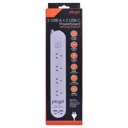 Plugd 2 USB A + 2 USB C 240V 10A Powerboard with Surge Protection