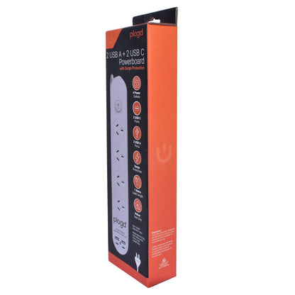 Plugd 2 USB A + 2 USB C 240V 10A Powerboard with Surge Protection