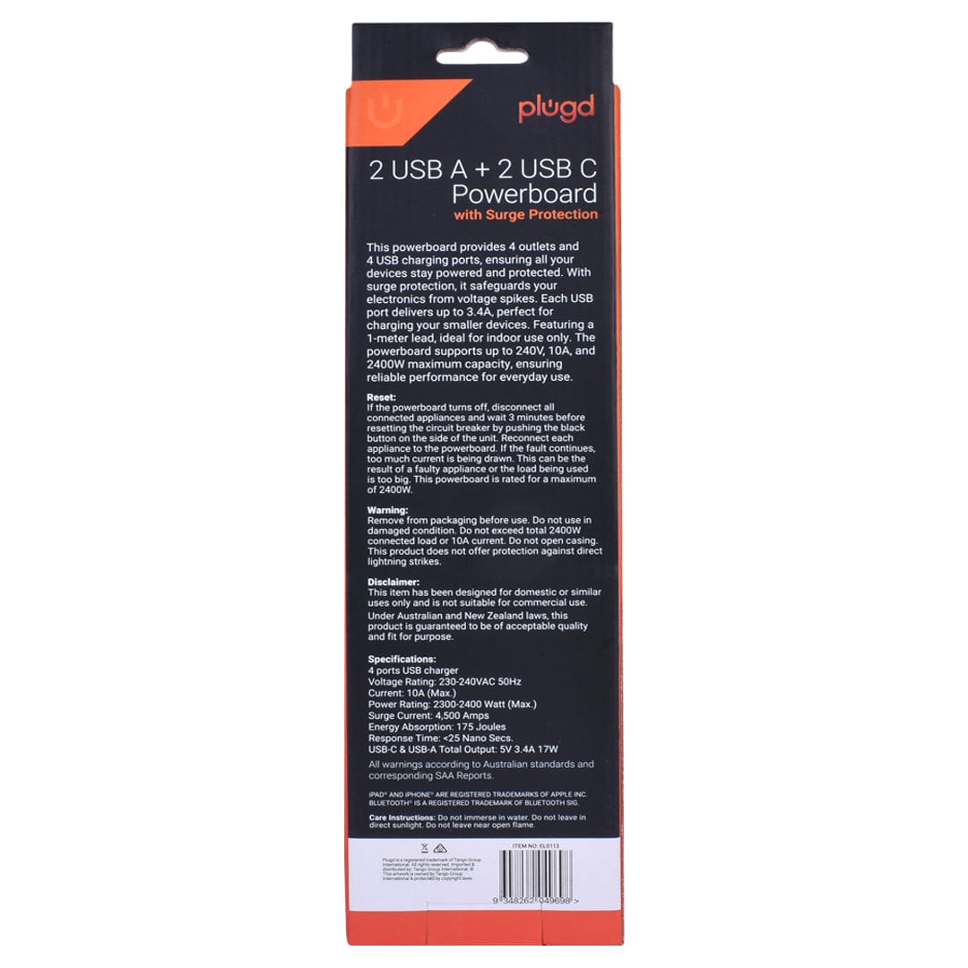 Plugd 2 USB A + 2 USB C 240V 10A Powerboard with Surge Protection