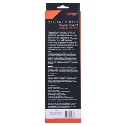 Plugd 2 USB A + 2 USB C 240V 10A Powerboard with Surge Protection