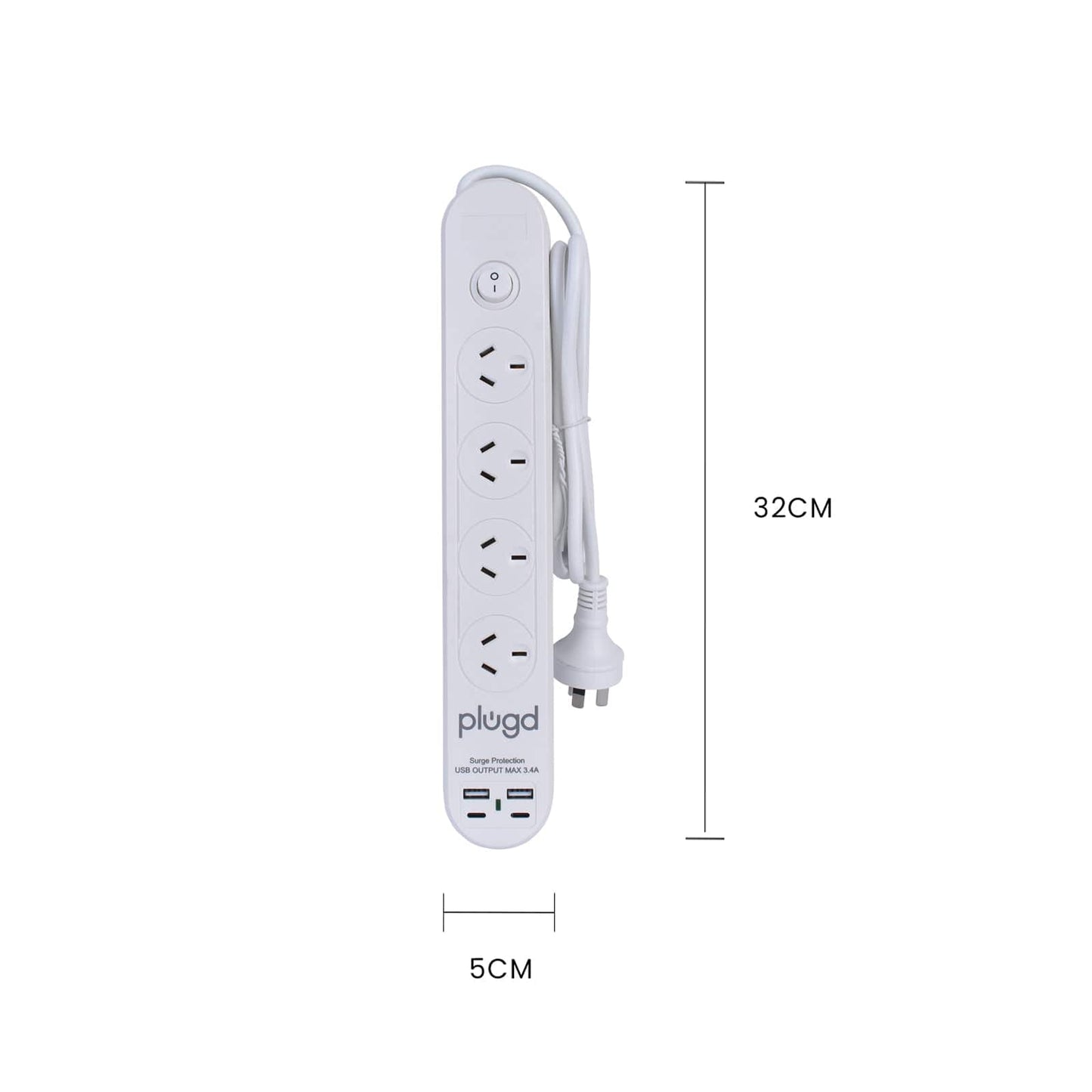 Plugd 2 USB A + 2 USB C 240V 10A Powerboard with Surge Protection
