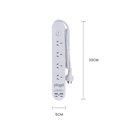 Plugd 2 USB A + 2 USB C 240V 10A Powerboard with Surge Protection