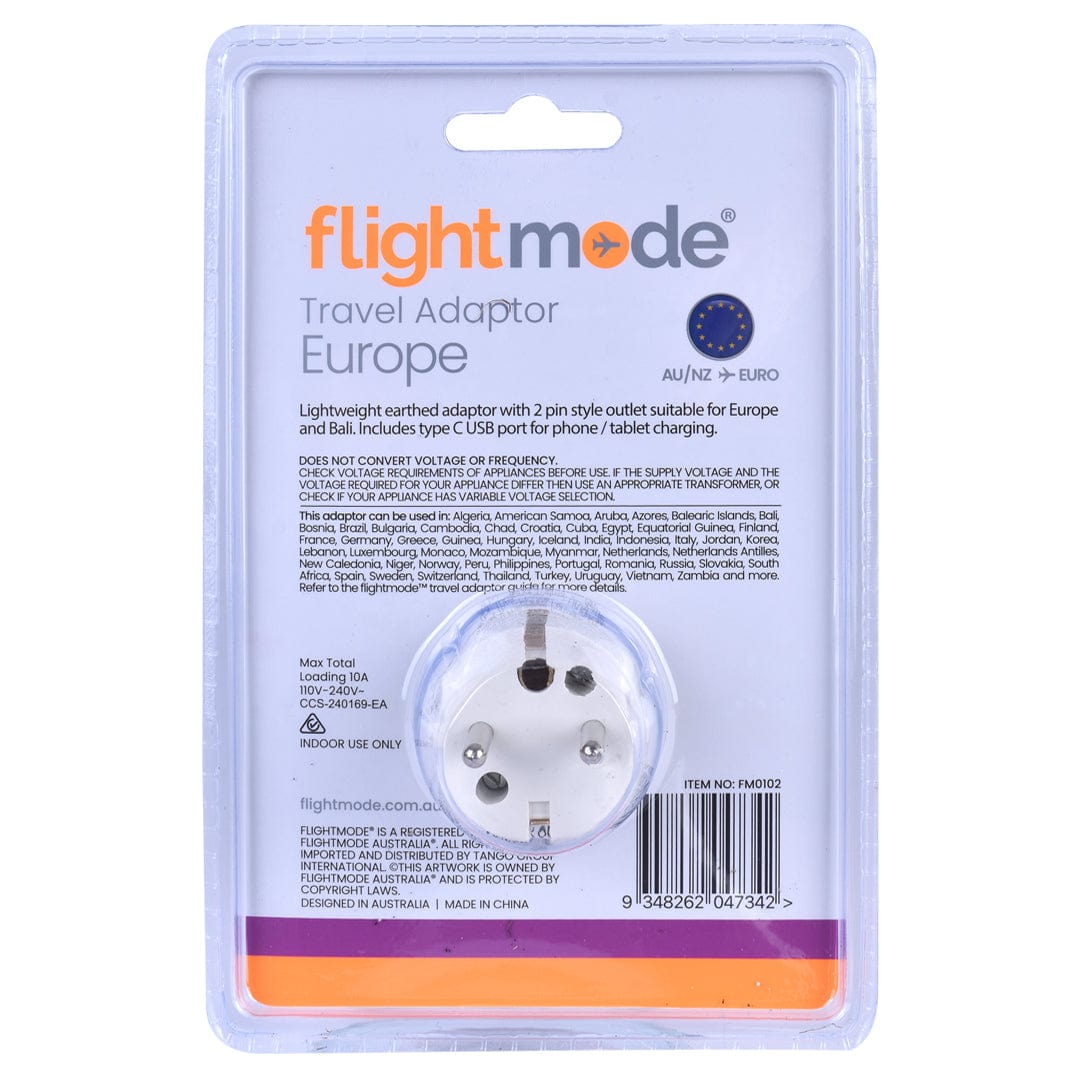 Flightmode Outbound AU/NZ to EUROPE/BALI Travel Adaptor with USB Type C & A
