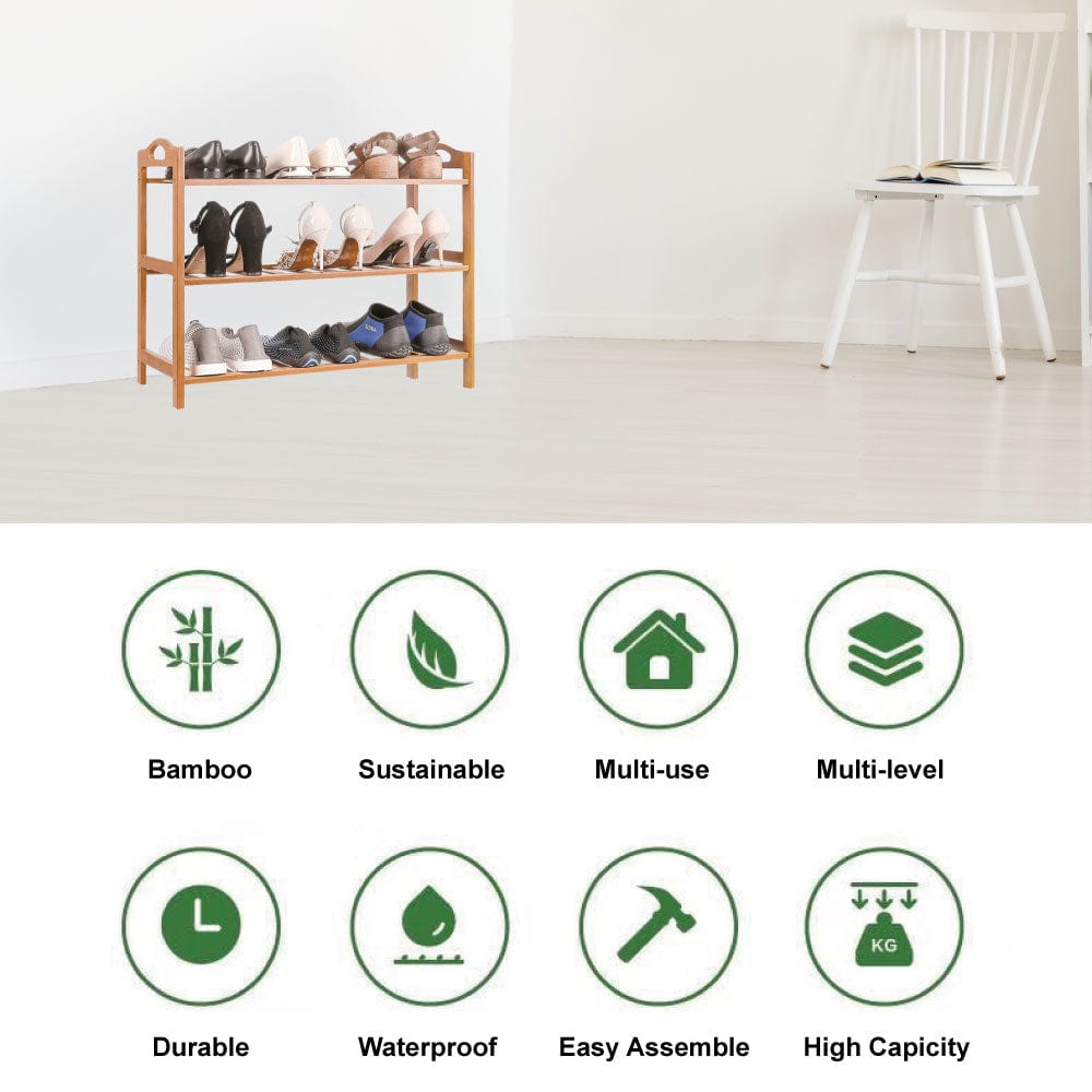 Bamboo 3 Tiers Layers  Storage Shoe Rack & Organiser
