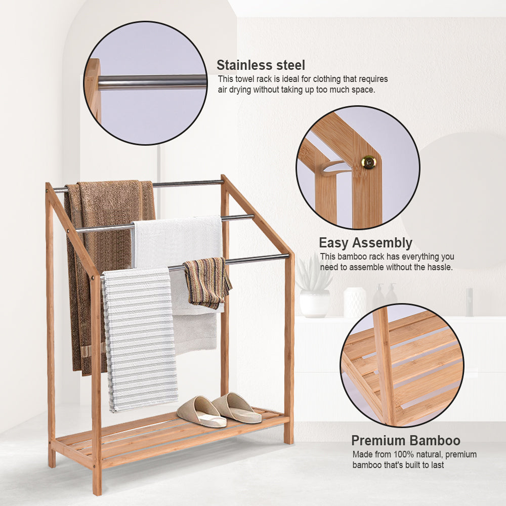 85cm Standing Towel Rack - Bamboo Towel Bar Metal 3-Tier