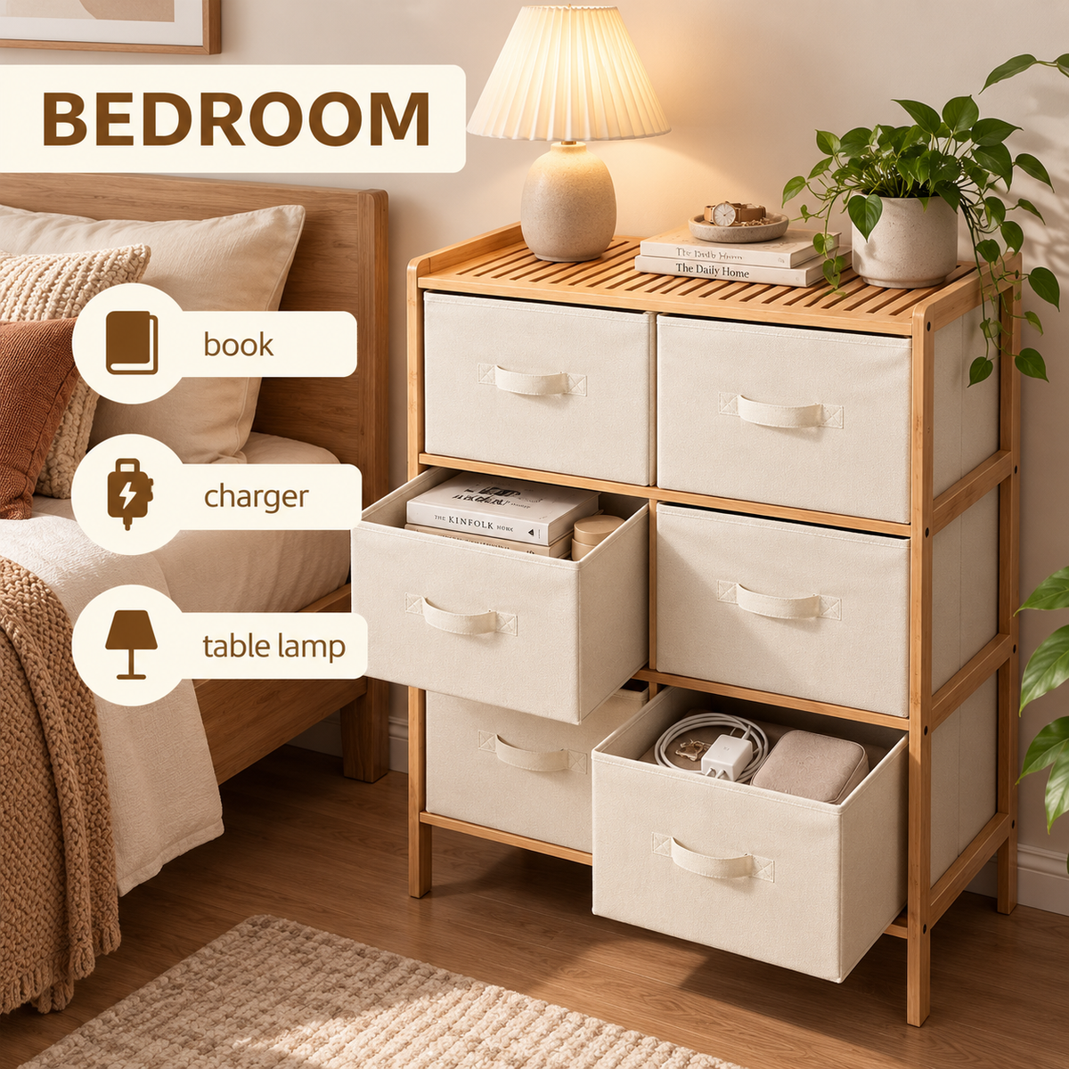 6 Drawer Bamboo Storage Chest with Fabric Drawers — 10