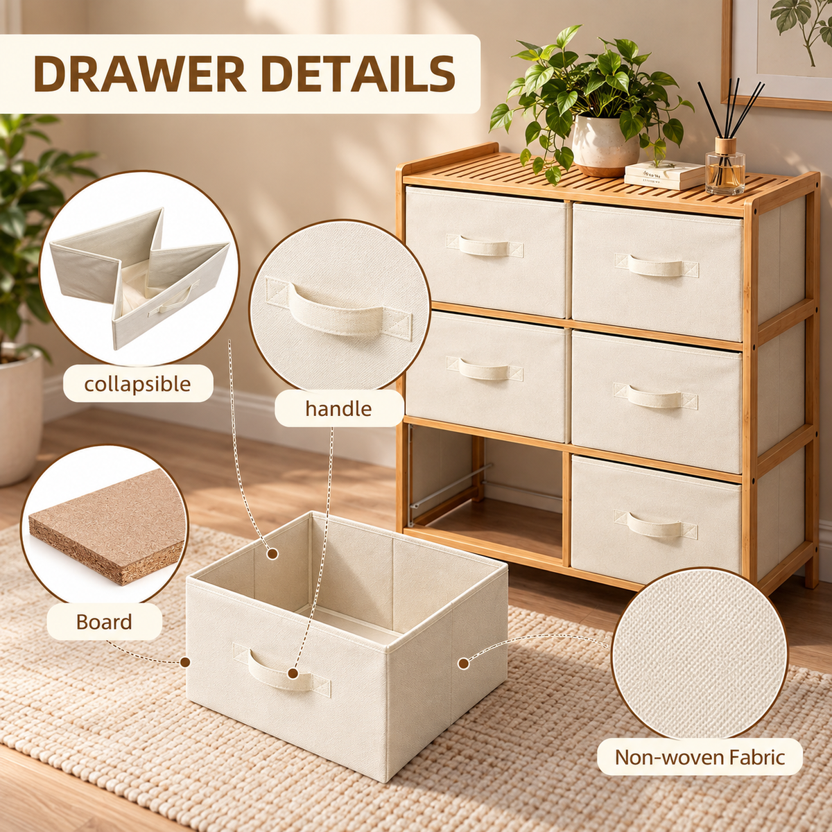 6 Drawer Bamboo Storage Chest with Fabric Drawers — 8