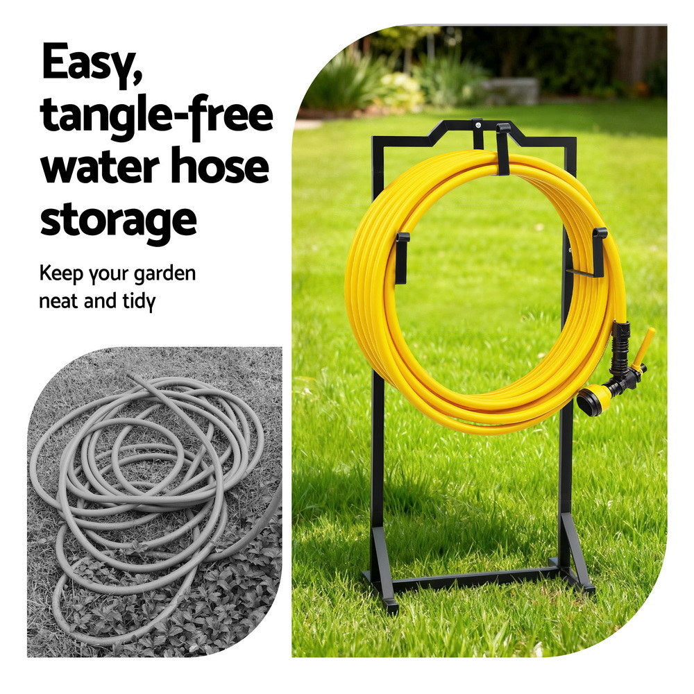 Green Fingers Garden Hose Holder Metal Portable Freestanding Hose Stand 4 Spikes Black