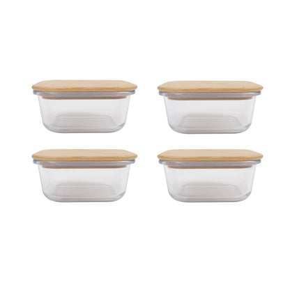 4 Pcs Large Bamboo Food Containers – Clear Glass with Bamboo Lids