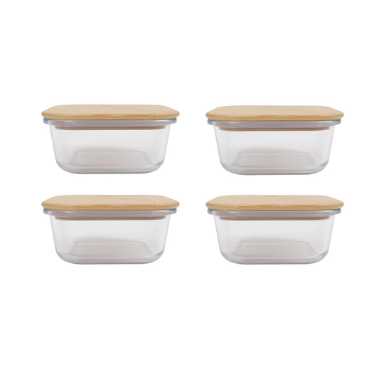 4 Pcs Large Bamboo Food Containers – Clear Glass with Bamboo Lids