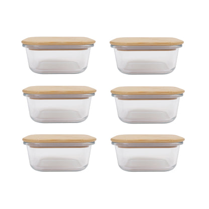 6 Pcs Large Bamboo Food Containers – Clear Glass with Bamboo Lids