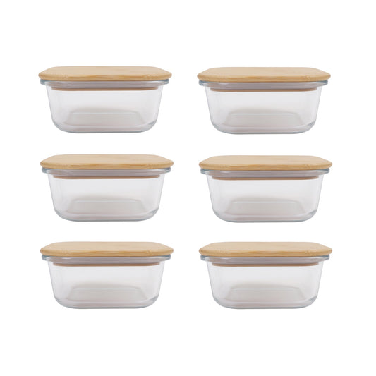 6 Pcs Large Bamboo Food Containers – Clear Glass with Bamboo Lids