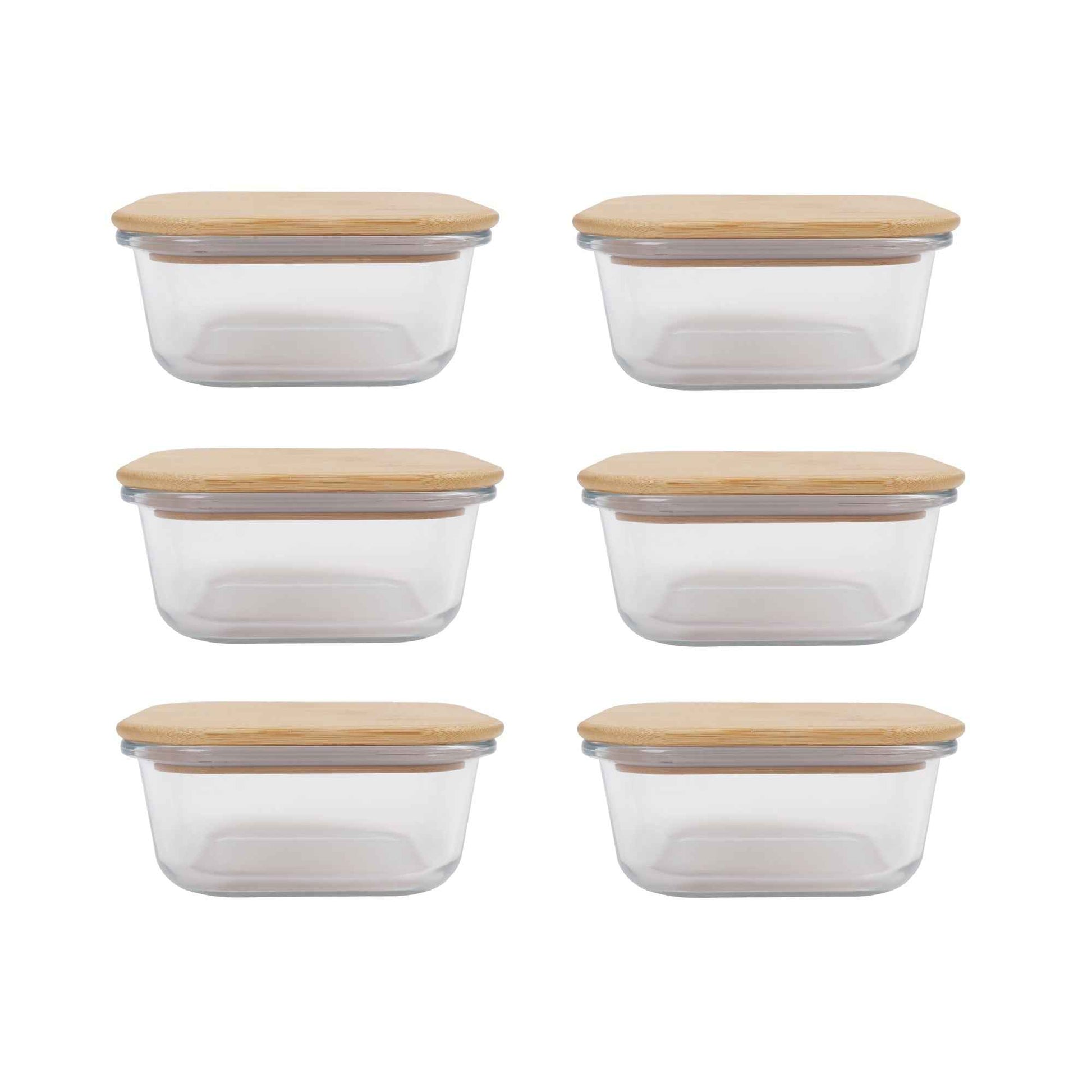 6 Pcs Large Bamboo Food Containers – Clear Glass with Bamboo Lids