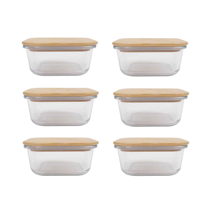 6 Pcs Large Bamboo Food Containers – Clear Glass with Bamboo Lids