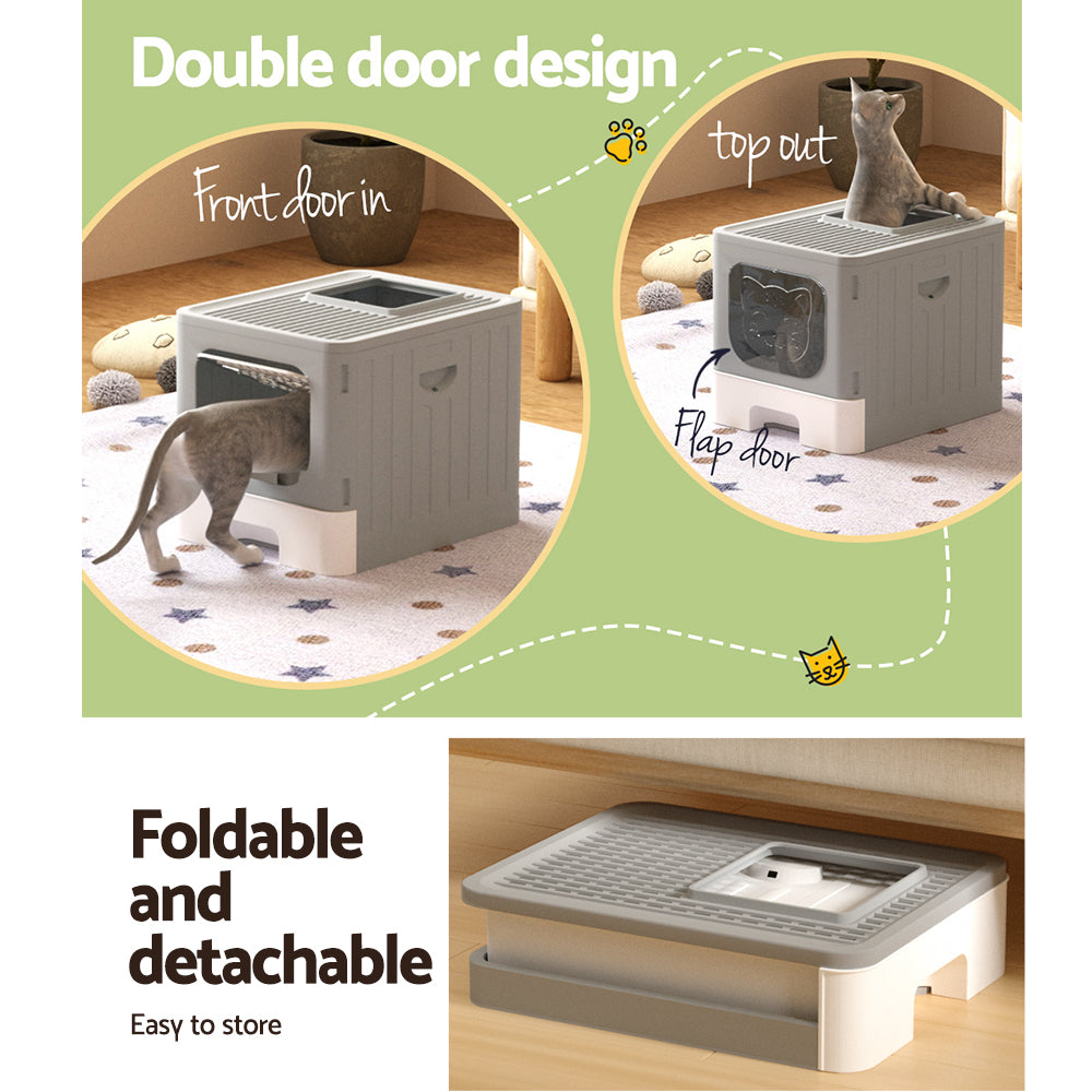 i.Pet Cat Litter Box Large Tray Kitty Toilet Enclosed Hooded Foldable Cat Litter Box Scoop Grey