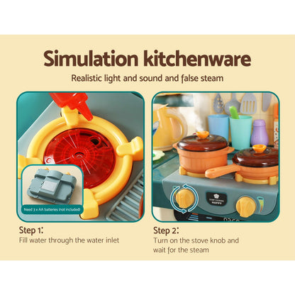 Keezi Kids Kitchen Pretend Play Cooking Set - Realistic Steam, Light & Sound Effects, Toddler Role Play Toy