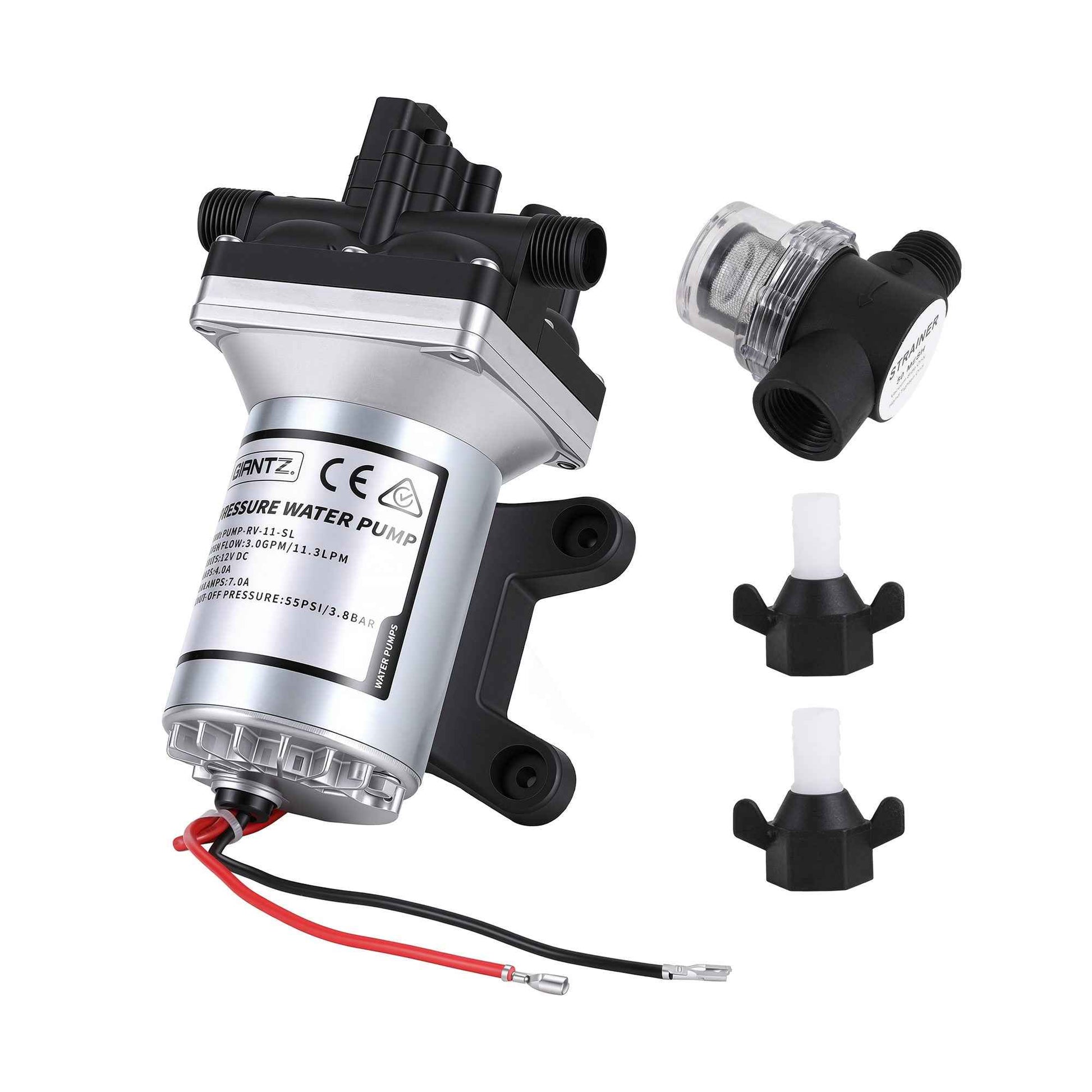 Giantz 12V DC Water Pump, 11.3LPM 55PSI 3 GPM Self-Priming RV Water Pressure Pump with Automatic Pressure Switch, for RV Marine Camping Yacht Garden Fresh Water Diaphragm, 2088-554-144 Replacement