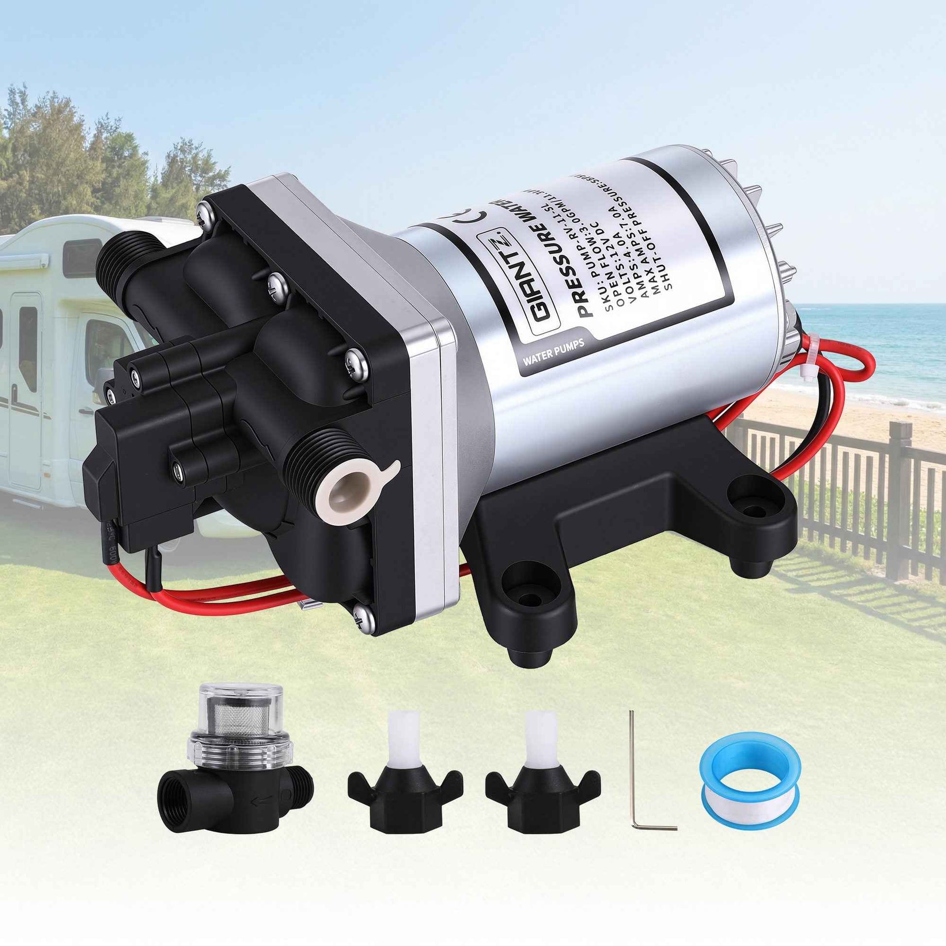 Giantz 12V DC Water Pump, 11.3LPM 55PSI 3 GPM Self-Priming RV Water Pressure Pump with Automatic Pressure Switch, for RV Marine Camping Yacht Garden Fresh Water Diaphragm, 2088-554-144 Replacement