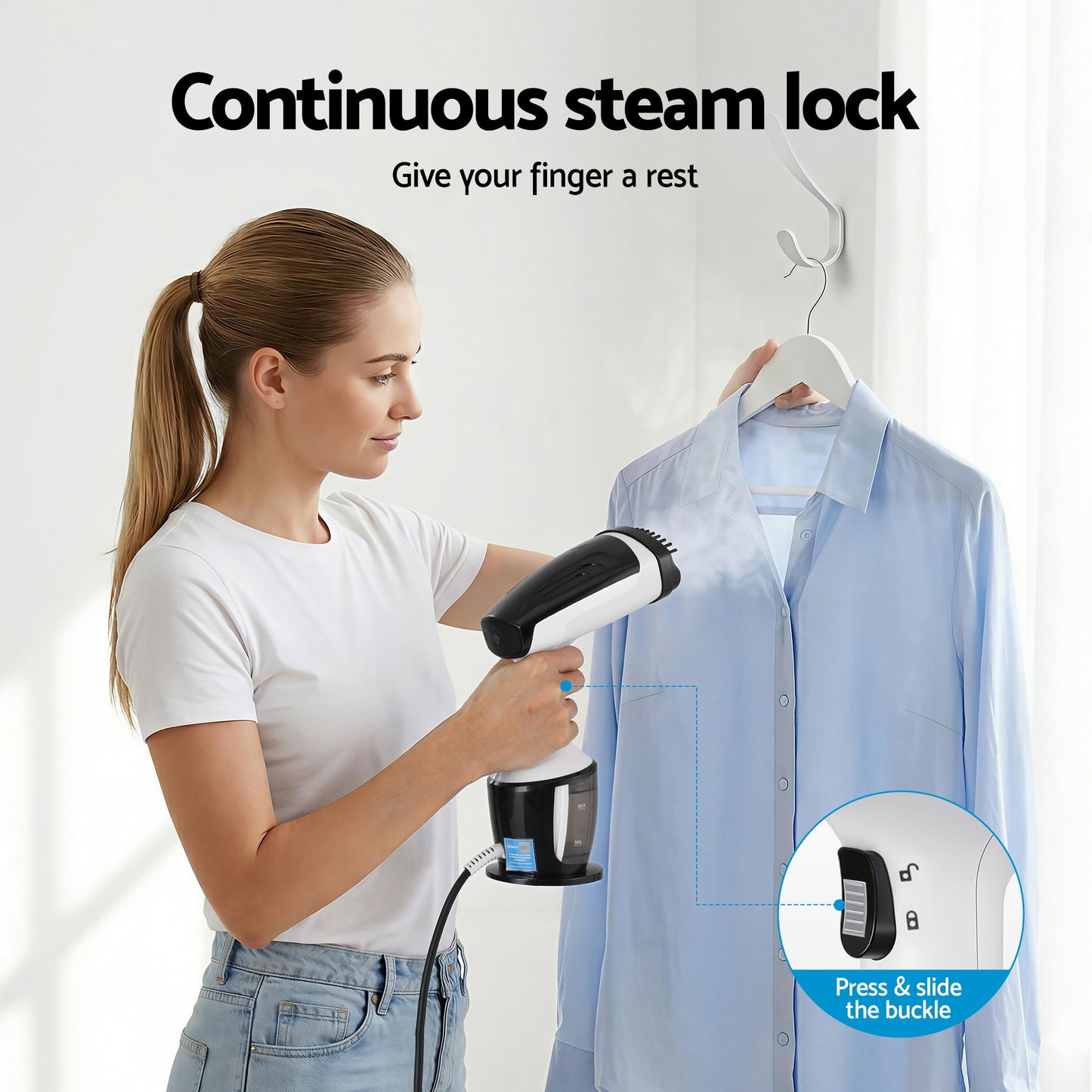 Devanti Clothes Steamer, 1500W Powerful Fast 30s Heat-Up Continuous Steam Lock 160ml Tank Fabric Brush Portable Handheld Steam Iron for Home Travel Business Trip